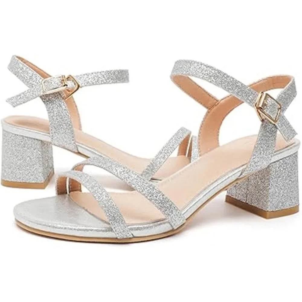 Dadawen Womens Size 9 Silver Glitter Open Toe Ankle Strap 2.5